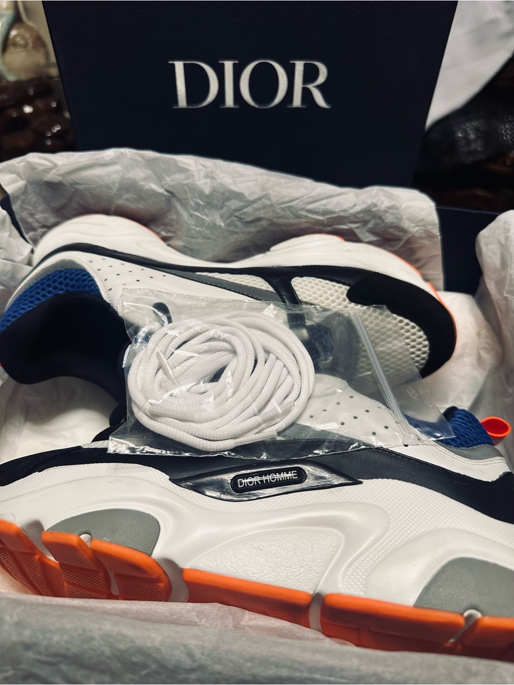 Dior Men's Chunky Sneakers in White, Black & Blue with Orange Accents - Picture 9 of 10